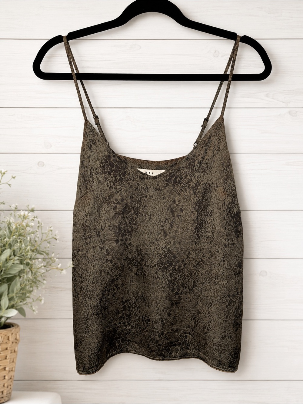 MAX Olive Brown Snakeskin Print Viscose Cami Tank Top Adjustable Straps Size 6
